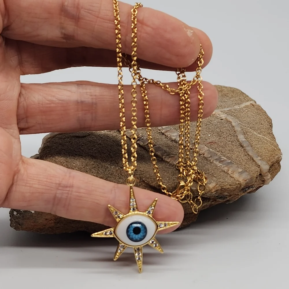 Rhodium 14K Gold Plated Chain Moroccan Evil Eye Star Mystic Pendant